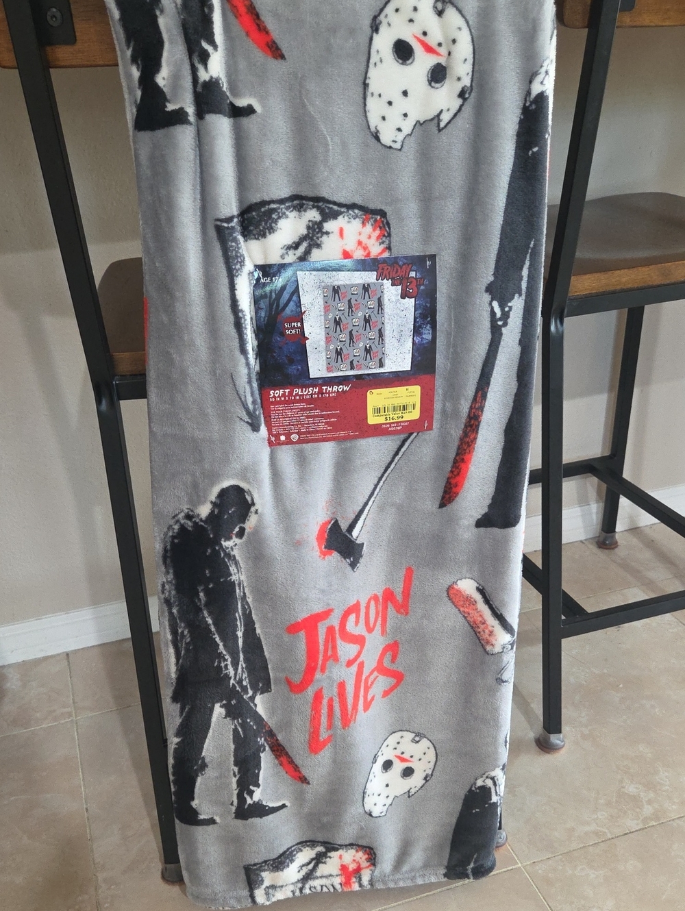 Jason Lives Grey Red Plush Throw Blanket